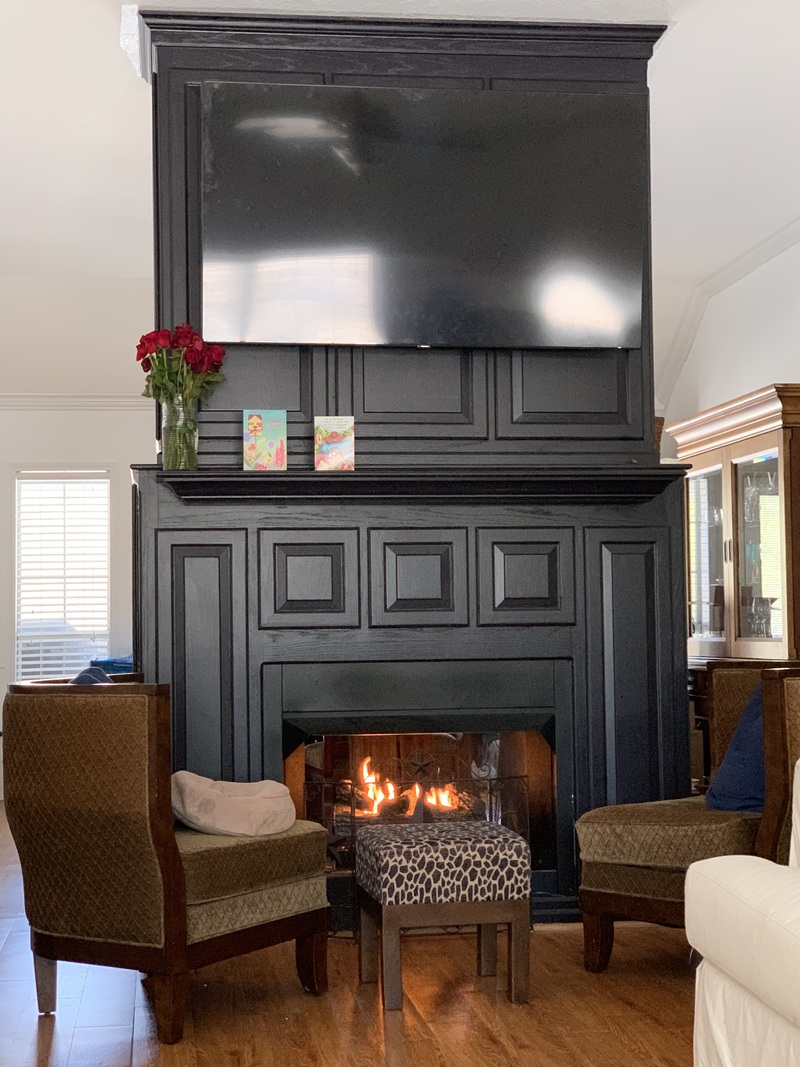 YELLOW MAPLE FIREPLACE UPDATED W/SEVERAL COATS OF MATTE BLACK PAINT